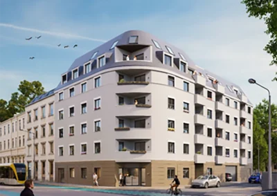 Sechsgeschossiges Mehrfamilienhaus ‚Parkblick‘ in Leipzig, moderne Fassade mit großen Fenstern, umgeben von Grünflächen, visualisiert als Beispiel für nachhaltiges, ressourcenschonendes Wohnen.