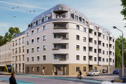 Sechsgeschossiges Mehrfamilienhaus ‚Parkblick‘ in Leipzig, moderne Fassade mit großen Fenstern, umgeben von Grünflächen, visualisiert als Beispiel für nachhaltiges, ressourcenschonendes Wohnen.